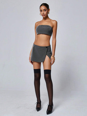 Random Striped Sexy Strapless Bodycon Mini Skirt Set, Including Top And Skirt