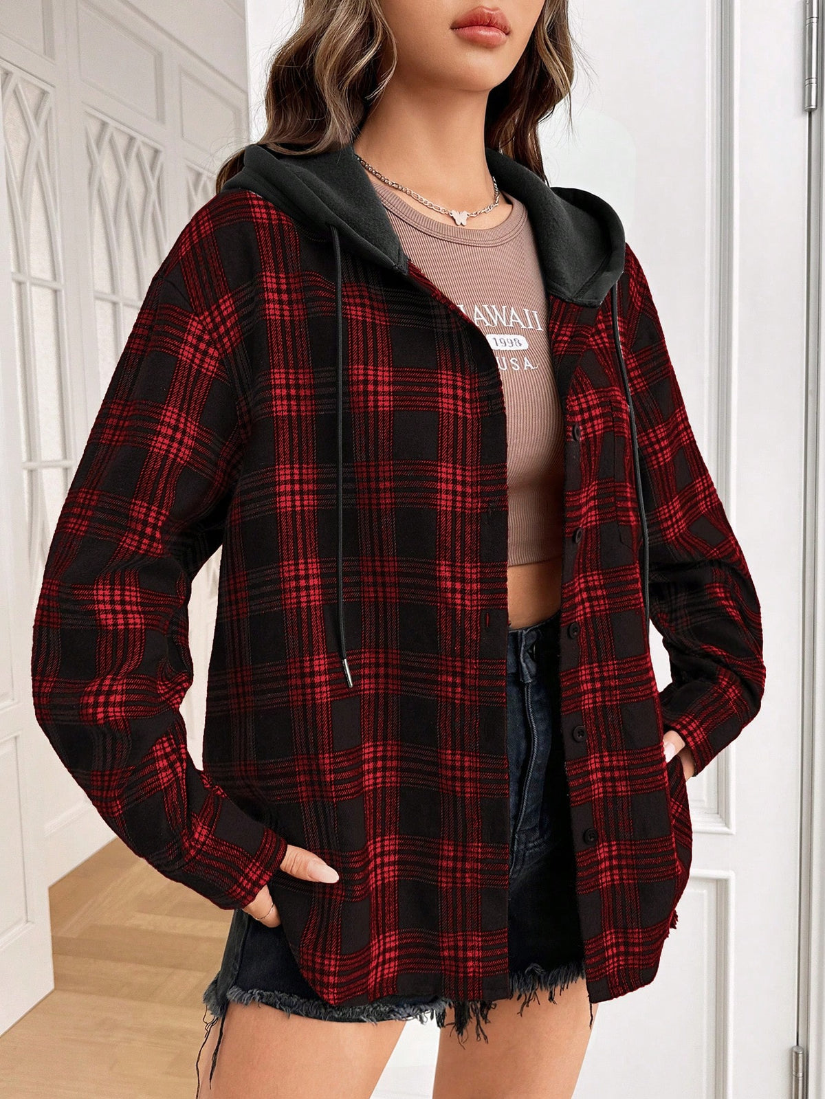 EZwear Red Plaid Woven Hooded Shirt, Casual Autumn/Winter