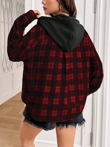 EZwear Red Plaid Woven Hooded Shirt, Casual Autumn/Winter