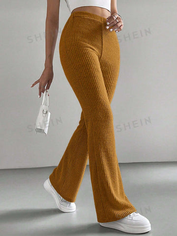 EZwear Retro Style Brown Elastic Waist Flare Leg Pants