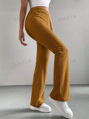 EZwear Retro Style Brown Elastic Waist Flare Leg Pants
