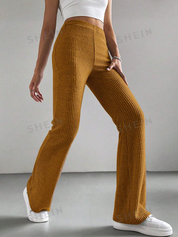 EZwear Retro Style Brown Elastic Waist Flare Leg Pants