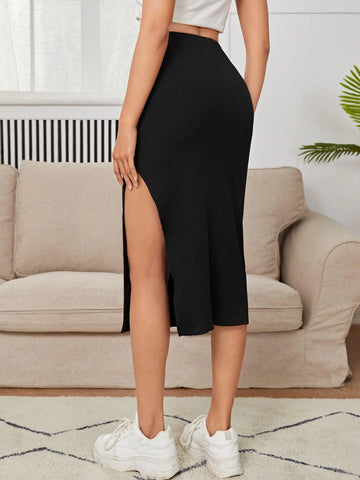 EZwear Ribbed Knit Split Thigh Skirt