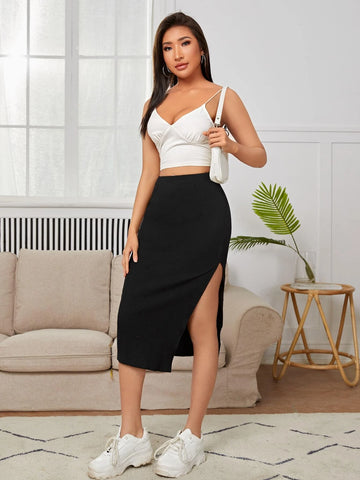 EZwear Ribbed Knit Split Thigh Skirt
