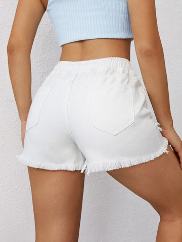 EZwear Ripped Drawstring Waist Raw Hem Shorts