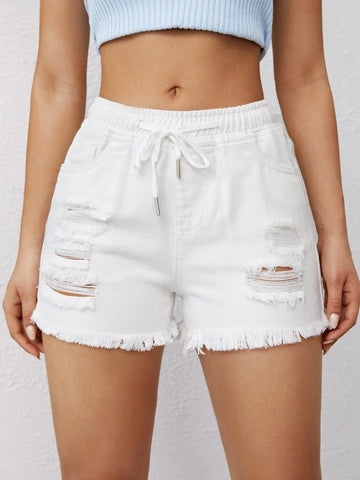 EZwear Ripped Drawstring Waist Raw Hem Shorts