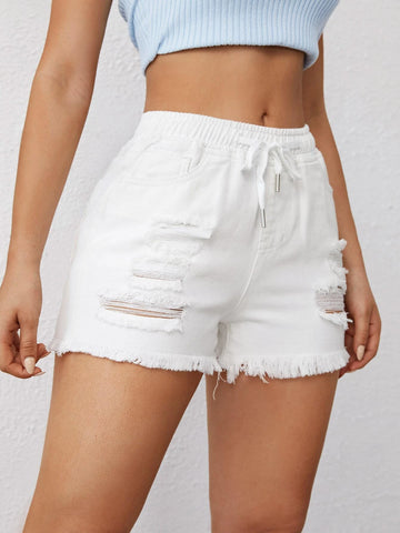 EZwear Ripped Drawstring Waist Raw Hem Shorts