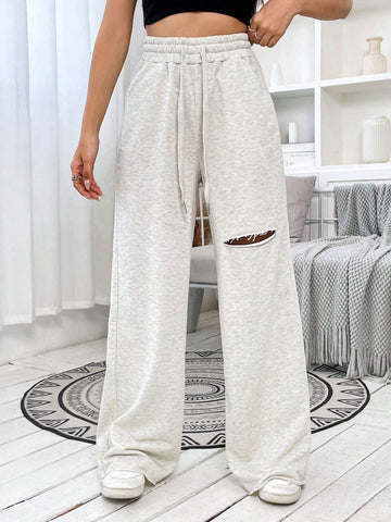 EZwear Ripped Drawstring Waist Wide Leg Sweatpants