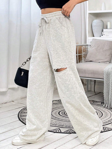 EZwear Ripped Drawstring Waist Wide Leg Sweatpants