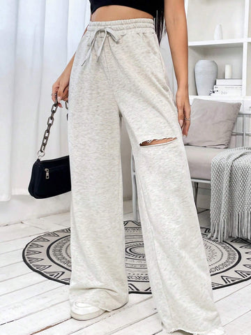 EZwear Ripped Drawstring Waist Wide Leg Sweatpants