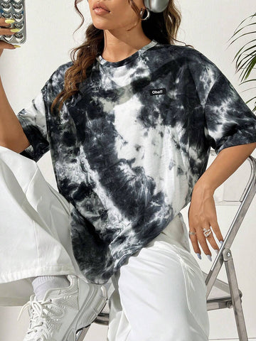 Round Neck Tie-Dye Patchwork Knitted Women T-Shirt