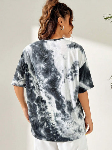 Round Neck Tie-Dye Patchwork Knitted Women T-Shirt
