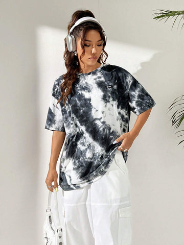 Round Neck Tie-Dye Patchwork Knitted Women T-Shirt