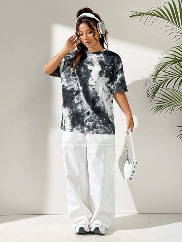 Round Neck Tie-Dye Patchwork Knitted Women T-Shirt