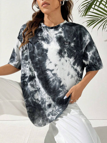 Round Neck Tie-Dye Patchwork Knitted Women T-Shirt