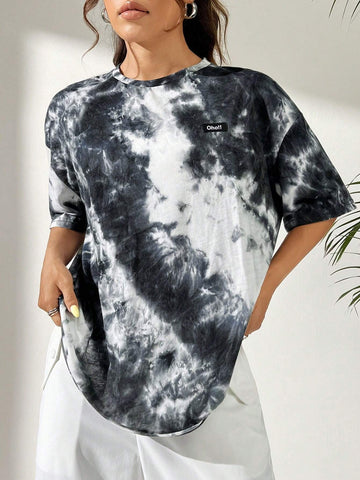 Round Neck Tie-Dye Patchwork Knitted Women T-Shirt