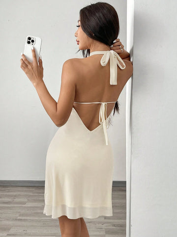SHEIN EZwear Spring/Summer White Textured Halter Neck Backless A-Line Mini Dress