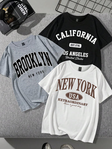 EZwear Set Of 3 Casual And Simple Patterned Loose Women T-Shirts With Round Neckline, Suitable For Sum