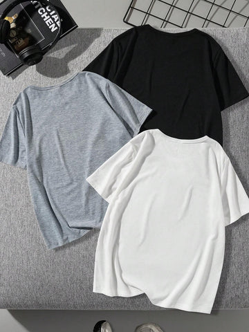 EZwear Set Of 3 Casual And Simple Patterned Loose Women T-Shirts With Round Neckline, Suitable For Sum