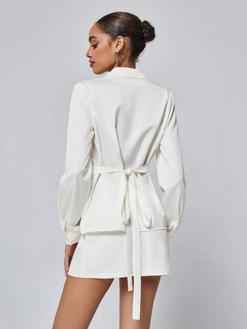 Sexy And Mature Lady's White Long Sleeve Cardigan With Buttoned High Waisted Skirt Set