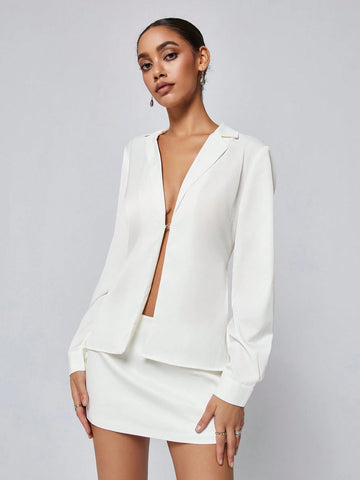 Sexy And Mature Lady's White Long Sleeve Cardigan With Buttoned High Waisted Skirt Set