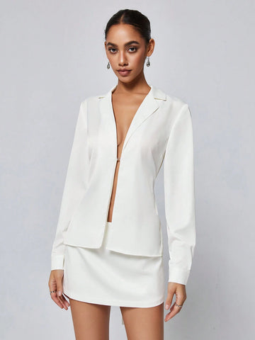 Sexy And Mature Lady's White Long Sleeve Cardigan With Buttoned High Waisted Skirt Set