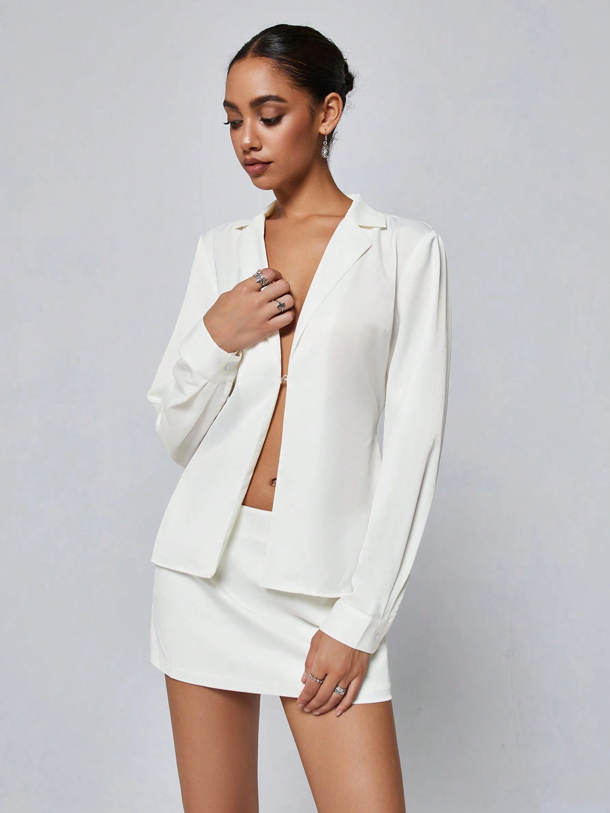 Sexy And Mature Lady's White Long Sleeve Cardigan With Buttoned High Waisted Skirt Set