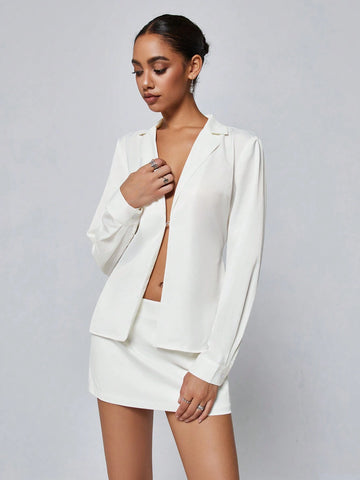 Sexy And Mature Lady's White Long Sleeve Cardigan With Buttoned High Waisted Skirt Set