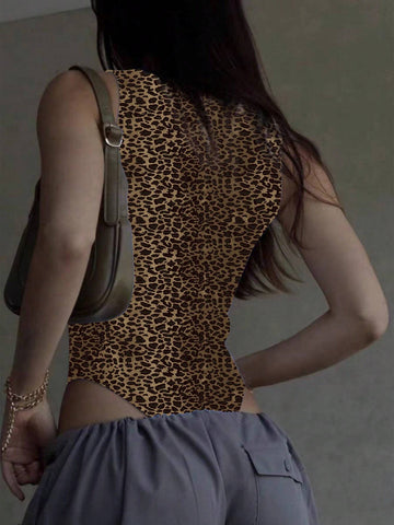 Sexy Leopard Print Bodysuit With Concealed Buttons, Summer Vacation Top For Women