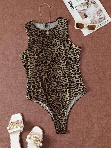 Sexy Leopard Print Bodysuit With Concealed Buttons, Summer Vacation Top For Women