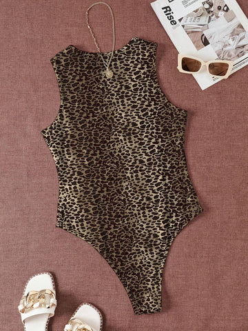 Sexy Leopard Print Bodysuit With Concealed Buttons, Summer Vacation Top For Women
