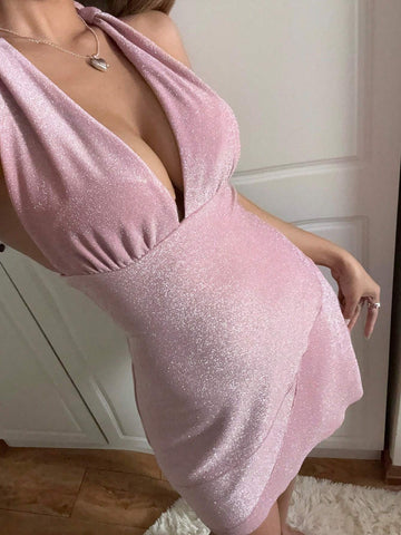 Sexy Metallic Thread Glitter Halter Backless Dress