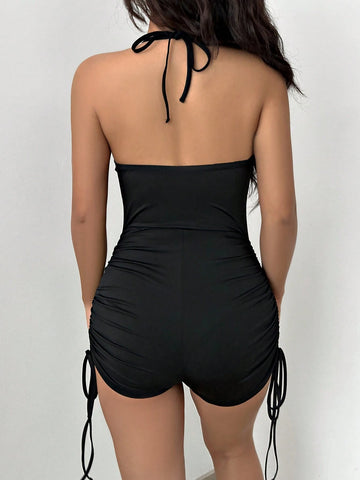 Side Pleated Halterneck Bodysuit Shorts