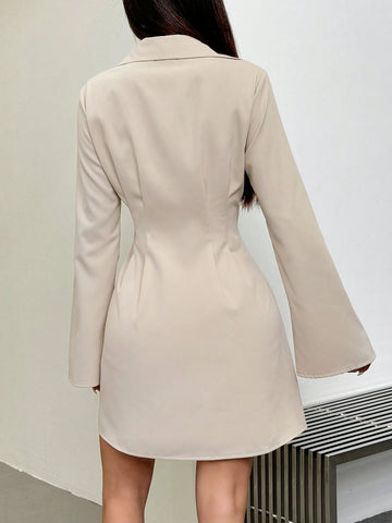 Simple Casual Cinched Waist Bell Sleeve Shirt Dress