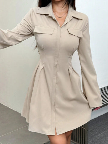 Simple Casual Cinched Waist Bell Sleeve Shirt Dress