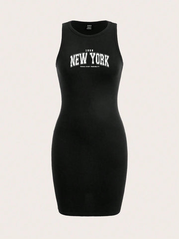 Sleeveless Bodycon Dress With Casual And Simple Letter Print