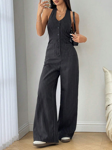 Sleeveless Front Button Casual Striped Jumpsuit, Daily Casual Wear