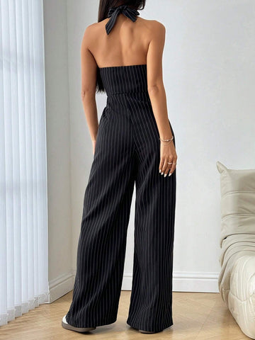 Sleeveless Front Button Casual Striped Jumpsuit, Daily Casual Wear