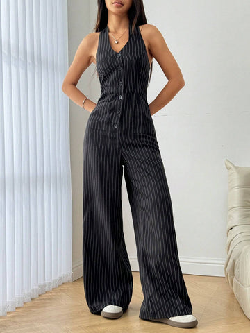 Sleeveless Front Button Casual Striped Jumpsuit, Daily Casual Wear