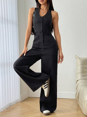 Sleeveless Front Button Casual Striped Jumpsuit, Daily Casual Wear