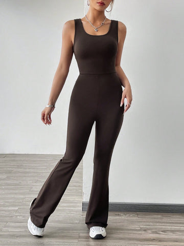 Sleeveless Jumpsuit With Hollow Out Detail And Pleated Back, Flared Leg