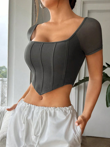 EZwear Slim Fit Fishbone Pattern Square Neck Crop Top