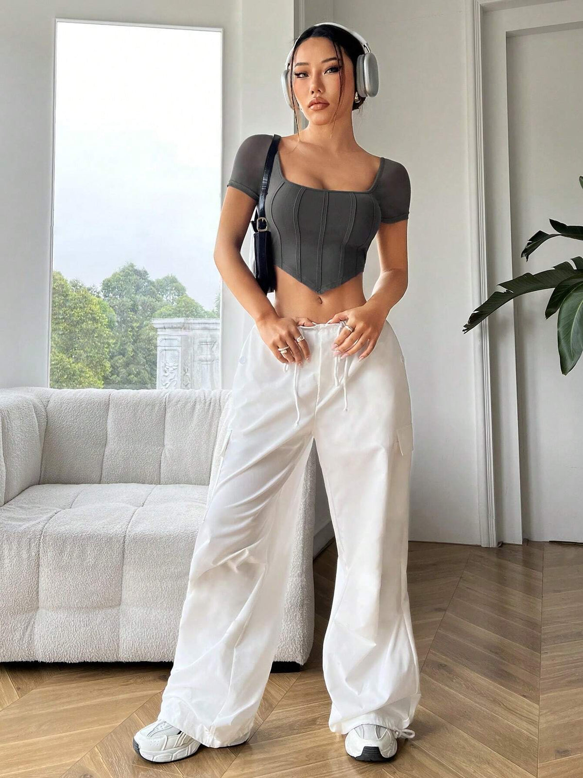 EZwear Slim Fit Fishbone Pattern Square Neck Crop Top