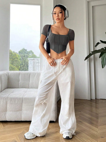 EZwear Slim Fit Fishbone Pattern Square Neck Crop Top