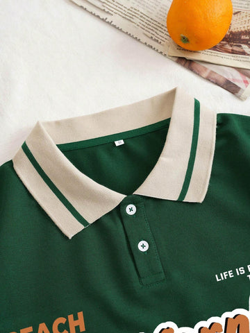Slogan Graphic Contrast Collar Polo Shirt BEACH California WEST COAST LIFE IS BETTER AT T