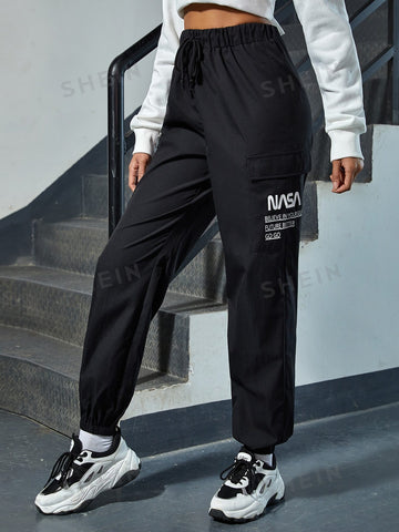 EZwear Slogan Graphic Flap Pocket Pants