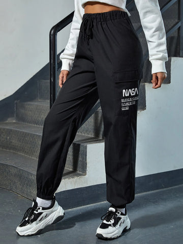 EZwear Slogan Graphic Flap Pocket Pants