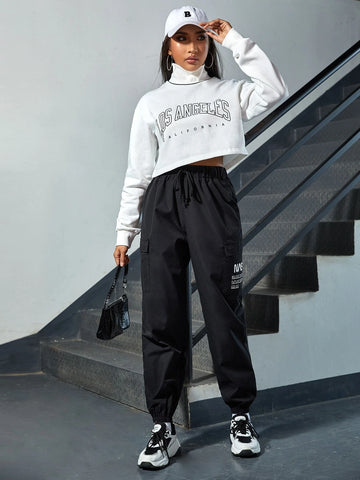 EZwear Slogan Graphic Flap Pocket Pants