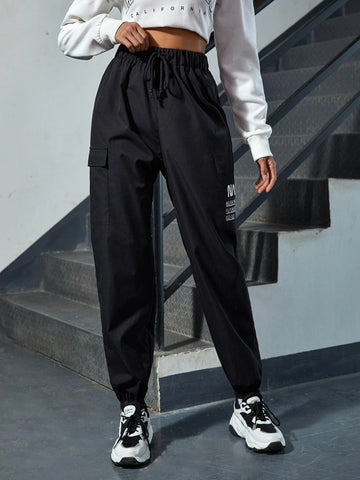 EZwear Slogan Graphic Flap Pocket Pants