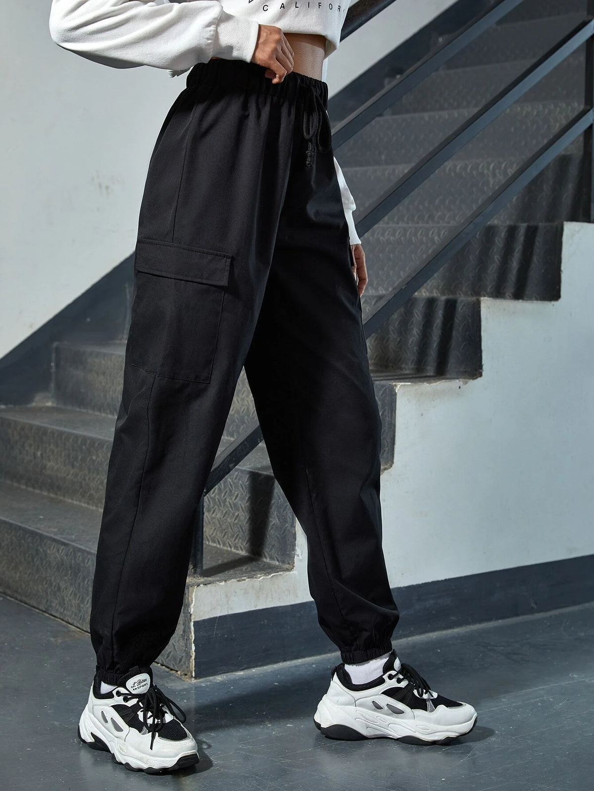 EZwear Slogan Graphic Flap Pocket Pants
